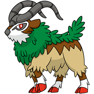 Mundo Pokémon - 673- Gogoat. Tipo: planta. Evolução: Estágio Final.  Histórico: Habitam regiões montanhosas. O líder do rebanho é decidido  através de uma luta com chifres. Pode formar um forte vínculo com